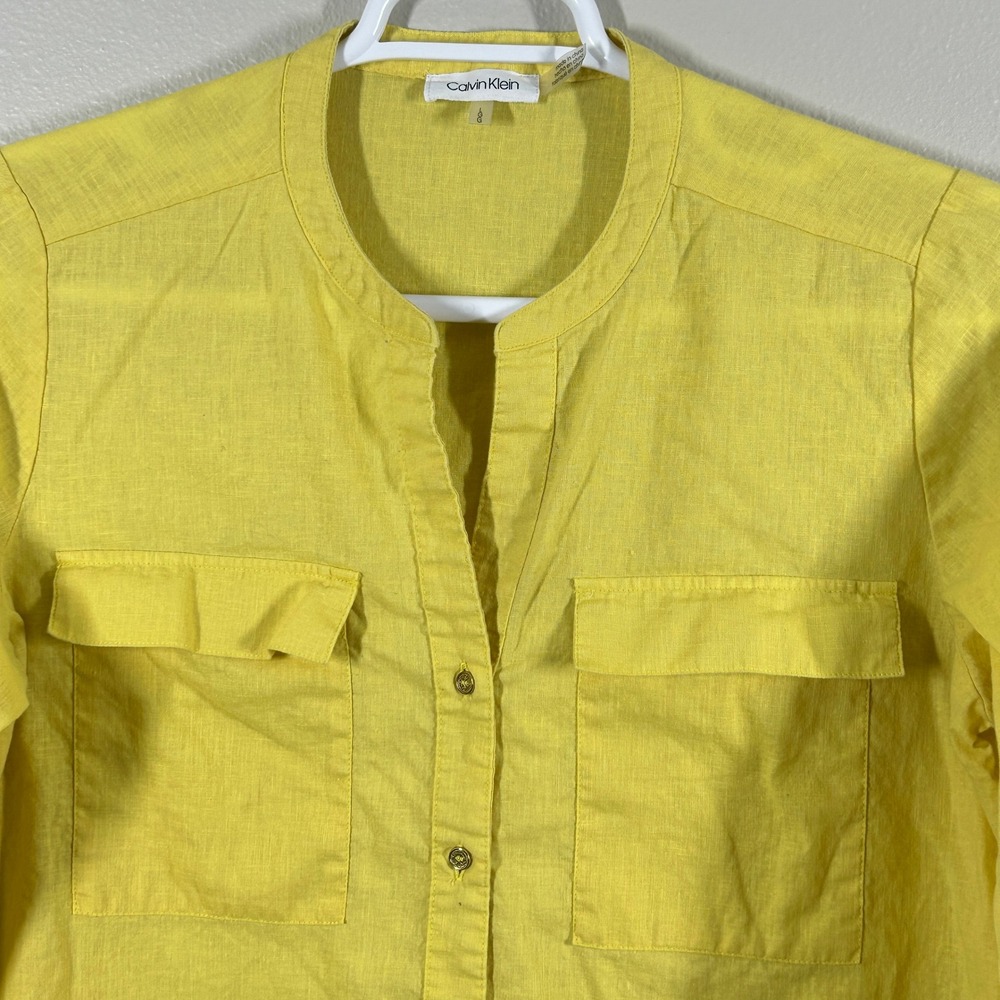 Calvin Klein Womens Yellow Linen Cotton Roll Tab Long Sleeve Button Down Shirt L